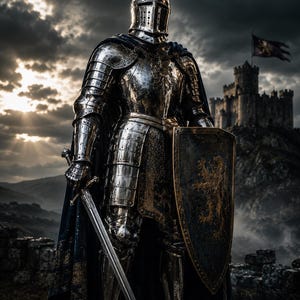 Puede incluir: Un caballero medieval con armadura completa, empuñando una espada y un escudo. La armadura de acero pulido refleja el cielo nublado. Un castillo se alza sobre una colina en el fondo, con una bandera ondeando.