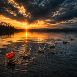 May include: A smooth red stone skipping across the surface of a dark lake at sunset, creating a series of concentric ripples and water splashes that extend toward the horizon under a dramatic sky filled with orange and golden clouds.