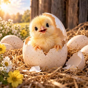 May include: A fluffy yellow chick with an open beak emerging from a large, speckled white eggshell. The chick sits in a nest of dry straw surrounded by white and yellow wildflowers under bright, warm sunlight in an outdoor setting.