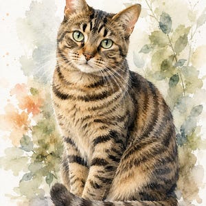 May include: A watercolour painting of a brown tabby cat with dark stripes and green eyes, sitting upright. The cat is depicted with soft, blended brushstrokes against a light, abstract background featuring muted green leaves and orange floral accents.