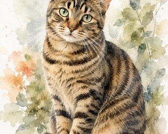 DIGITAL DOWNLOAD | Watercolor Tabby Cat Art | Rustic Feline Decor | Green Eyed Cat | Cat Lover Gift | Farmhouse Pet Artwork