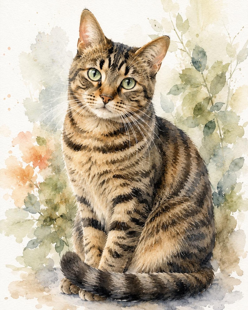 Peut inclure: Une peinture à l'aquarelle représentant un chat tigré brun aux rayures sombres et aux yeux verts, assis bien droit. Le chat est représenté avec des coups de pinceau doux et estompés sur un fond clair abstrait avec des feuilles vertes et des fleurs orange.
