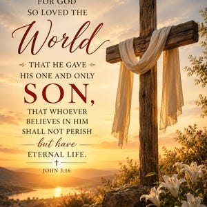 May include: A wooden cross draped with a white cloth stands on a rocky hill with white lilies. The text reads: FOR GOD SO LOVED THE WORLD THAT HE GAVE HIS ONE AND ONLY SON, THAT WHOEVER BELIEVES IN HIM SHALL NOT PERISH BUT HAVE ETERNAL LIFE. JOHN 3:16.