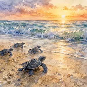 Puede incluir: Pintura a la acuarela de crías de tortugas marinas dirigiéndose al océano al atardecer. El cielo es una mezcla de naranja, amarillo y rosa, con olas rompiendo en la orilla. Las tortugas son de color gris oscuro.