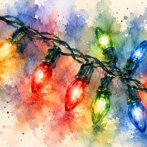 May include: Watercolor painting of a string of Christmas lights. The lights are various colors, including orange, red, green, and blue. The background is a colorful watercolor wash.