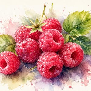 Op de afbeelding: Waterverfschilderij van verse frambozen. De afbeelding toont verschillende rijpe, rode frambozen met groene bladeren en stelen. De achtergrond heeft zachte aquarelspatten van roze, paars en groen.