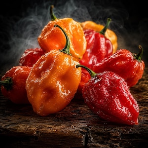 Op de afbeelding: Een groep felrode en oranje habanero pepers met zichtbare waterdruppels op de schil. De pepers hebben gerimpelde, bolvormige vormen met kleine groene steeltjes, gerangschikt in een hoopje met rookpluimen op de achtergrond.