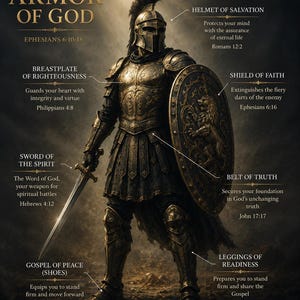 May include: A poster titled Put on the Armor of God featuring a warrior in ornate bronze armor, a plumed helmet, and a shield with a lion emblem. The image includes labels for the Helmet of Salvation, Breastplate of Righteousness, Shield of Faith, Sword of the Spirit, Belt of Truth, and Leggings of Readiness with scripture references.