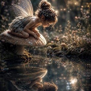 May include: A fairy figure with translucent wings and a floral headpiece kneels on a large, textured mushroom cap. The figure wears a layered, neutral-toned dress and gazes down at a reflective pool of water, which mirrors the figure and wings.