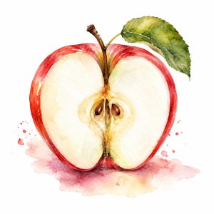 Pode incluir: Ilustração em aquarela de uma maçã vermelha cortada ao meio, com uma folha verde e um caule. A polpa da maçã é branca e as sementes são visíveis. A imagem tem um efeito aquarela com respingos rosa e vermelhos.