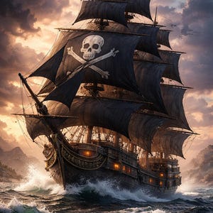 May include: An illustration of a pirate ship sailing on a stormy sea. The ship has black sails with a skull and crossbones emblem. The sky is filled with dark clouds, and the waves are crashing against the ship's hull.
