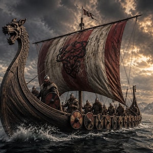 Puede incluir: Un barco vikingo de madera con una proa tallada en forma de cabeza de dragón navegando sobre aguas oscuras. El barco cuenta con una gran vela a rayas rojas y blancas con un emblema negro y una tripulación con armadura y escudos redondos.