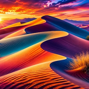May include: A vibrant desert landscape featuring rolling sand dunes in shades of orange, purple, and blue under a sunset sky. The scene includes small, dry desert shrubs scattered across the rippled sand, with distant mountains visible.