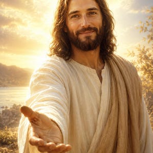 May include: A figure with long brown hair and a beard, wearing a cream-colored tunic and a draped tan shawl, extends one hand forward. The individual has a gentle expression and is positioned against a bright, golden-hued outdoor landscape.
