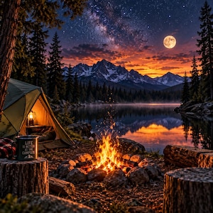 Pode incluir: Uma barraca de camping verde iluminada por uma lanterna fica ao lado de uma fogueira em uma clareira. Uma caneca verde-escura com o texto 'LIFE IS BETTER AT THE CAMPSITE' repousa sobre um toco. A cena apresenta um lago, montanhas e um céu estrelado.