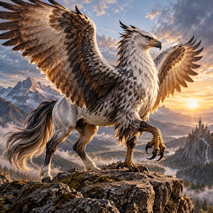 Peut inclure: Une créature mythique griffon avec une tête et des ailes d'aigle et un corps de cheval, présentant des plumes blanches et brunes, une queue fluide et des serres jaunes acérées, debout sur une falaise rocheuse surplombant un paysage montagneux.