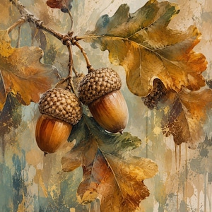 May include: An artistic depiction of two brown acorns with textured caps hanging from an oak branch with large, lobed, golden-brown leaves. The background features a blend of muted blue, beige, and gold paint splatters and drips.