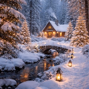 Può includere: Scena invernale innevata con un'accogliente baita, un ponte di pietra e un ruscello. Lanterne illuminano un sentiero innevato, e gli alberi sono coperti di neve, creando un paesaggio sereno e illuminato.