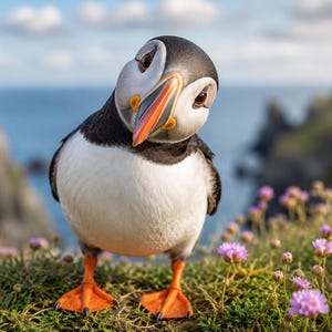 Könnte beinhalten: Ein Papageientaucher mit schwarz-weißem Gefieder, orangefarbenen Schwimmfüßen und einem markanten, mehrfarbigen Schnabel mit orangefarbenen, gelben und grauen Streifen. Der Vogel steht in frontaler Ausrichtung mit leicht geneigtem Kopf.