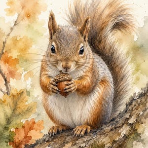 May include: Watercolour painting of a squirrel holding an acorn. The squirrel has brown and orange fur, a fluffy tail, and is perched on a tree branch. The background features autumn leaves in shades of orange and yellow.