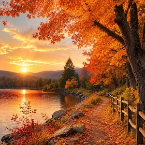 Peut inclure: Un paysage pittoresque avec un chemin de terre bordé d'une clôture en bois, longeant le rivage d'un lac en automne. Des feuilles d'érable orange et rouge recouvrent les arbres et le sol. Le soleil se couche sur des montagnes lointaines.