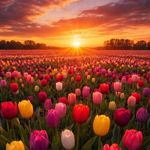 Op de afbeelding: Een levendig veld met tulpen in volle bloei onder een dramatische zonsondergang. De bloemen vertonen een spectrum aan kleuren, waaronder rood, geel, roze en paars. De lucht staat in vuur en vlam met oranje en rode tinten.