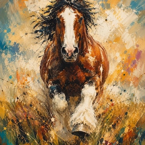 May include: An oil painting of a brown horse with a white blaze on its face and white lower legs galloping forward. The horse has a dark, flowing mane and is depicted against a textured, abstract background of yellow, orange, and blue paint strokes.