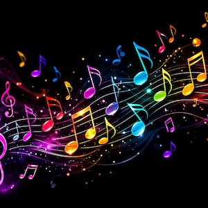 Può includere: Un'illustrazione vibrante di note e simboli musicali multicolori su sfondo nero. L'immagine presenta una chiave di violino e note musicali in tonalità di viola, blu, verde, giallo e rosso, con linee fluide.