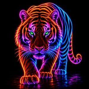 Könnte beinhalten: Eine digitale Illustration eines Tigers mit leuchtenden Neon-Umrissen in lebhaften Orange-, Pink- und Blautönen vor einem soliden schwarzen Hintergrund. Der Tiger hat stechend hellgrüne Augen und detaillierte Fellmuster aus Licht.