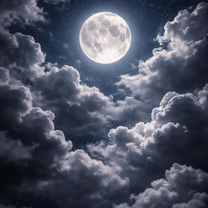 Könnte beinhalten: Ein heller Vollmond strahlt in einem dunklen Nachthimmel, umgeben von dunklen, wogenden Wolken. Die Wolken sind eine Mischung aus Grau und Schwarz und bilden einen dramatischen Kontrast zur hellen, weißen Oberfläche des Mondes. Das Bild erzeugt ein Gefühl des Geheimnisses.