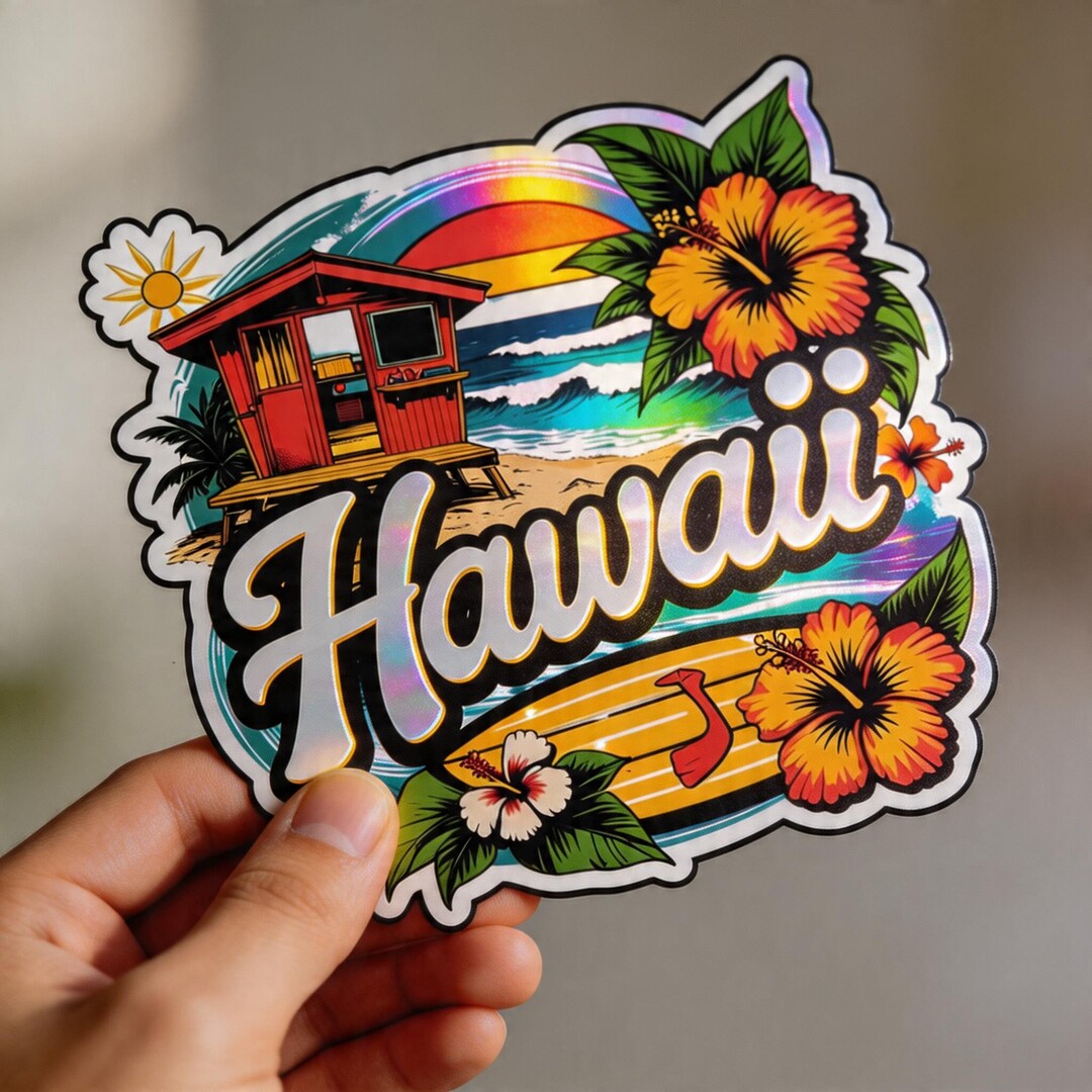 Hawaii Beach Sticker, Surf Van Hibiscus Sunset, Waterproof Vinyl Decal ...