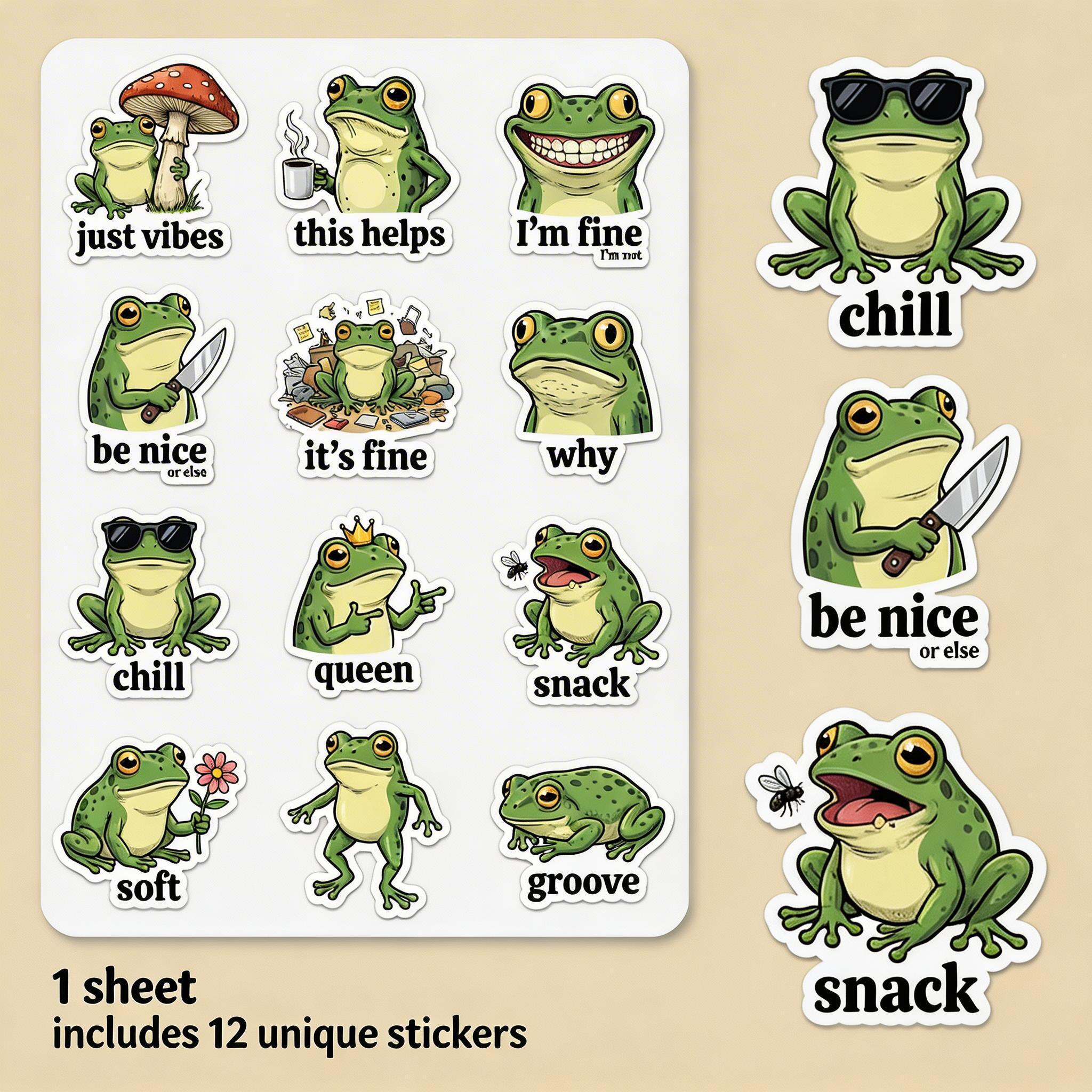 Funny Frog Sticker Sheet 9in | Cute Meme Vinyl Stickers for Laptop ...