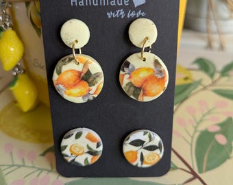 Set of Two Polymer Clay Citrus themed Earrings: Orange and Lemon Dangles/Studs