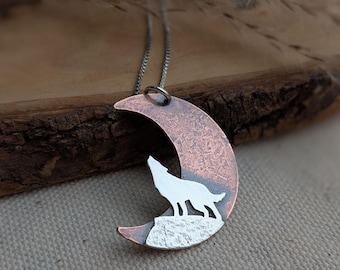 Howling Wolf Crescent Moon Pendant Necklace