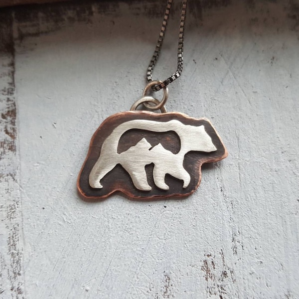 Rocky Mountain Grizzly - mixed metal bear mountain pendant