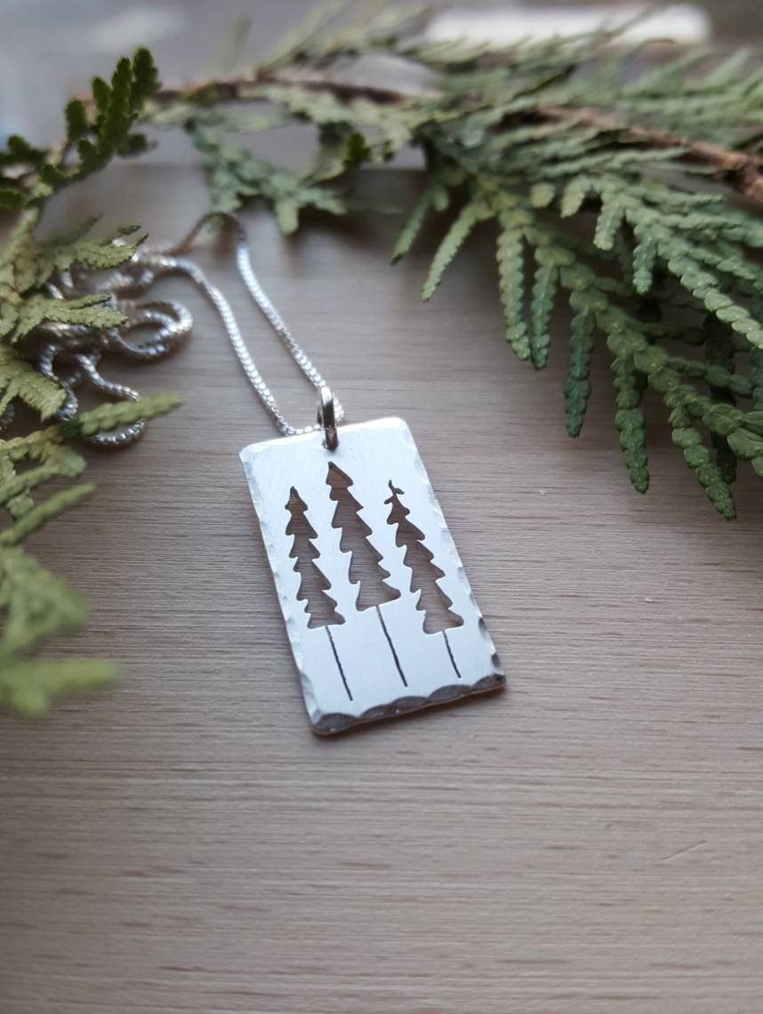 Three Pines Pendant Sterling Silver Pine Tree Necklace Etsy UK