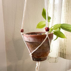 Pode incluir: Um vaso de plantas cor de terracota suspenso por um suporte de plantas de macramê branco. O vaso contém uma planta verde com folhas. Contas vermelhas e douradas acentuam o macramê. O suporte de plantas está pendurado em frente a uma janela com uma cortina transparente.