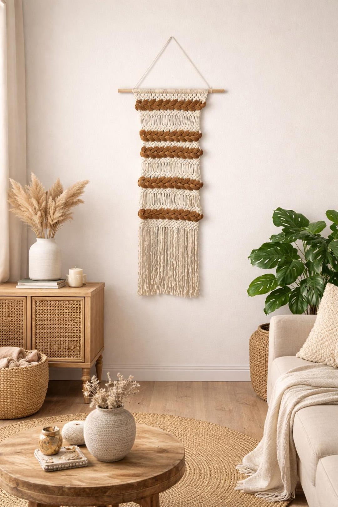 Handmade Boho Macrame Wall Hanging | Braided Detail, Neutral Woven ...