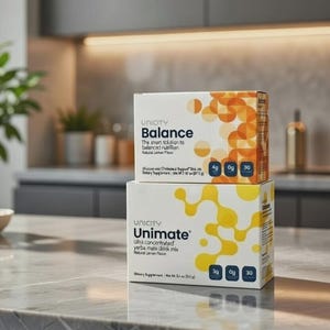以下が含まれることがあります： 大理石のカウンタートップに積み重ねられた2つのUnicity製品ボックス、「Balance」と「Unimate」。 「Balance」ボックスはオレンジと白で、「Unimate」ボックスは黄色と白です。 両方のボックスには、栄養情報とUnicityのロゴが表示されています。
