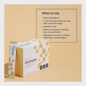 May include: A box and a single packet of Unimate drink mix. The box is white with a yellow abstract design and the Unicity logo. The packet is white and gold. Text on the box and packet reads "Unimate Ultra-concentrated yerba mate drink mix Lemon Ginger Flavor."