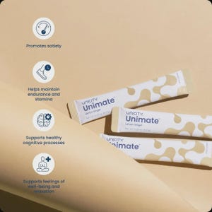 May include: Three Unicity Unimate Lemon Ginger packets are displayed on a light tan background. The packets are white with a beige pattern and the Unicity Unimate logo. The image also includes icons and text promoting satiety, endurance, cognitive processes, and well-being.