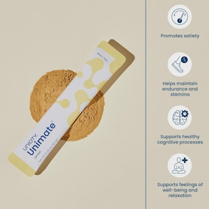 May include: A Unicity Unimate Lemon packet with a yellow and white design, resting on a bed of brown powder. The packet has the text "EASY TEAR" and "Net Wt. 0.22 oz. (6.1 g)". The image also includes icons and text promoting satiety, endurance, cognitive processes, and well-being.
