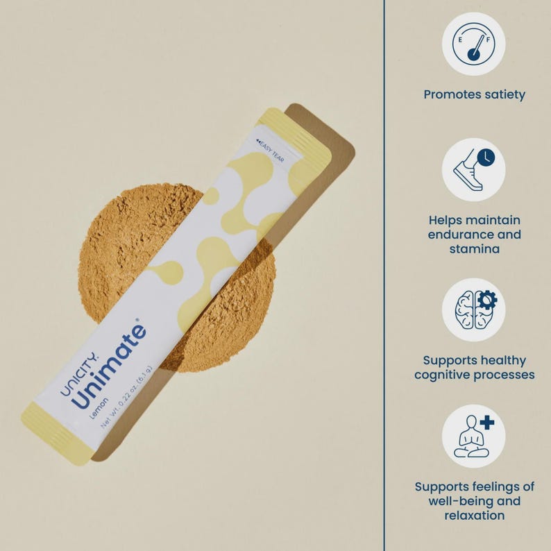May include: A Unicity Unimate Lemon packet with a yellow and white design, resting on a bed of brown powder. The packet has the text "EASY TEAR" and "Net Wt. 0.22 oz. (6.1 g)". The image also includes icons and text promoting satiety, endurance, cognitive processes, and well-being.