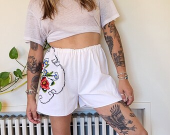 Vintage handmade embroidered white pillow case shorts / cotton pillow case rose floral embroidered shorts / vintage black embroidered shorts