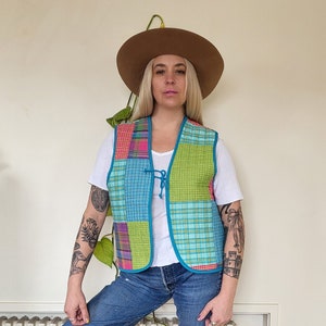 Vintage handmade quilt blanket vest / vintage quilt blanket handmade vest layering top / green plaid quilt layering vest top with tie image 1