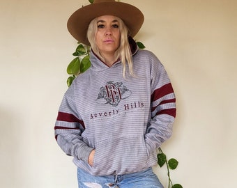 Vintage Beverly Hills stripe hoodie sweatshirt / vintage grey beverly Hills souvenir sweatshirt black grey / black beverly hills sweatshirt