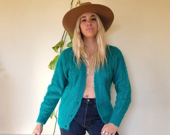 Vintage turquoise mohair lightweight cardigan / vintage blue green mohair cardigan sweater / S M L mohair cardigan sweater green