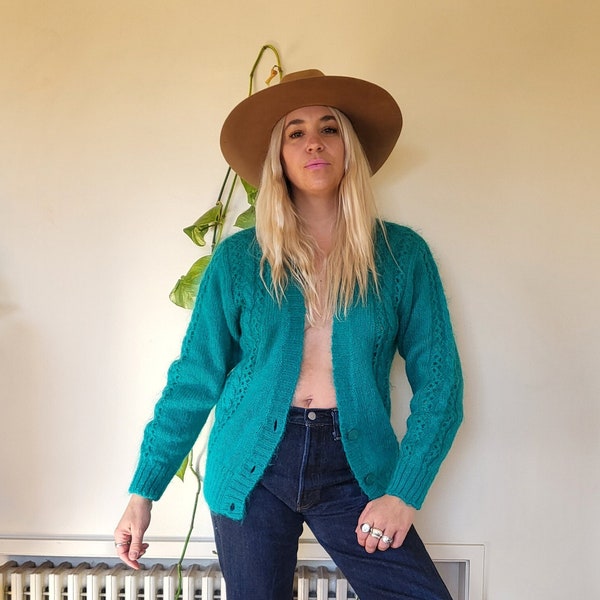 Vintage turquoise mohair lightweight cardigan / vintage blue green mohair cardigan sweater / S M L mohair cardigan sweater green
