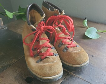 old school hiking boots with red laces