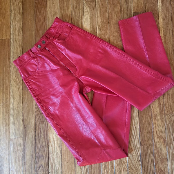 Vintage size 24 red Leather pants / small tight fitted red leather pants size 24 / cherry red leather trouser pants / red soft leather pant